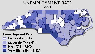 
	Unemployment Rate in NC, 2003 (from "Employment in NC")
		